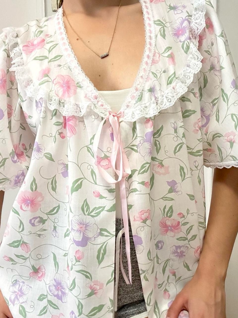 Robe Vintage 90s Floral Lace Pink & White | Size Medium